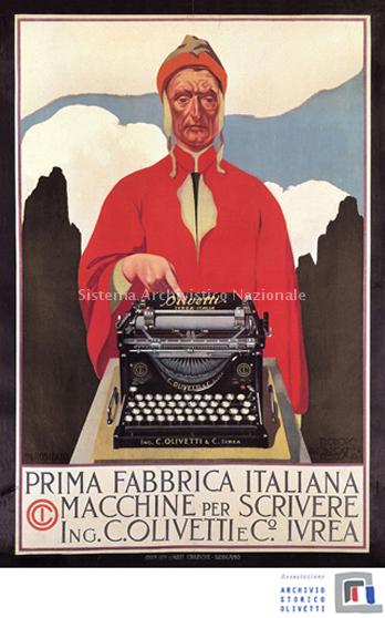   Manifesto della macchina per scrivere "M1", disegnato nel 1912 da Teodoro Wolf Ferrari (Archivio storico Olivetti).
