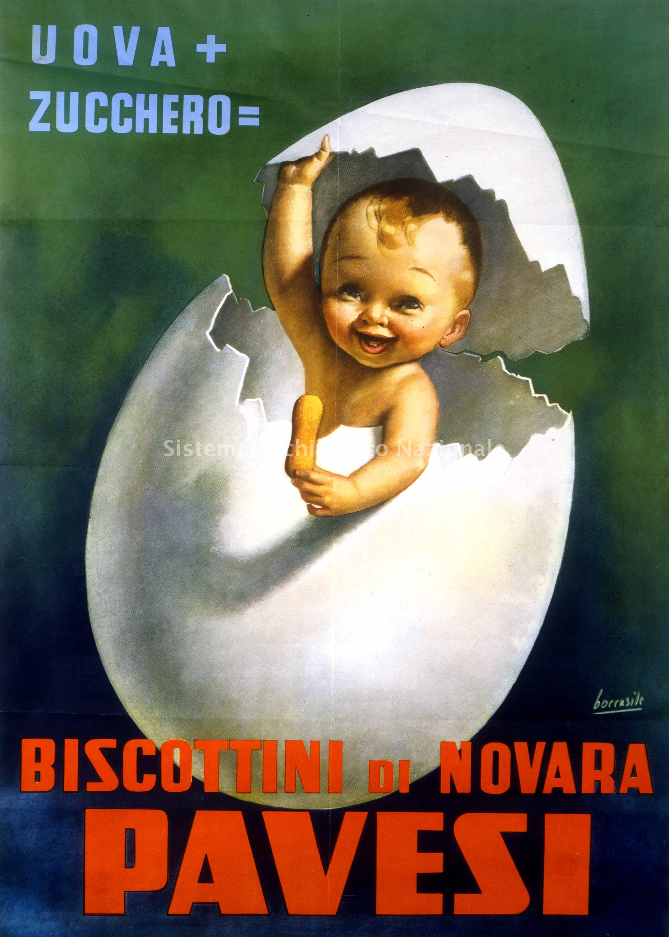  Manifesto disegnato da Gino Boccasile per pubblicizzare i biscottini di Novara, antesignani dei Pavesini, 1948 (Archivio storico Barilla G. e R. Fratelli spa, Fondo Pavesi)
