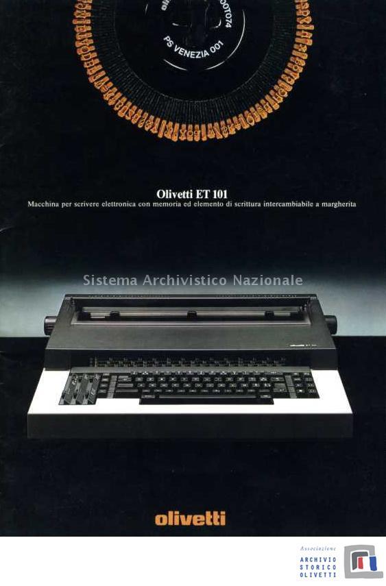   Copertina del dépliant pubblicitario della ET 101, la prima macchina per scrivere elettronica, 1978 (Archivio storico Olivetti).
