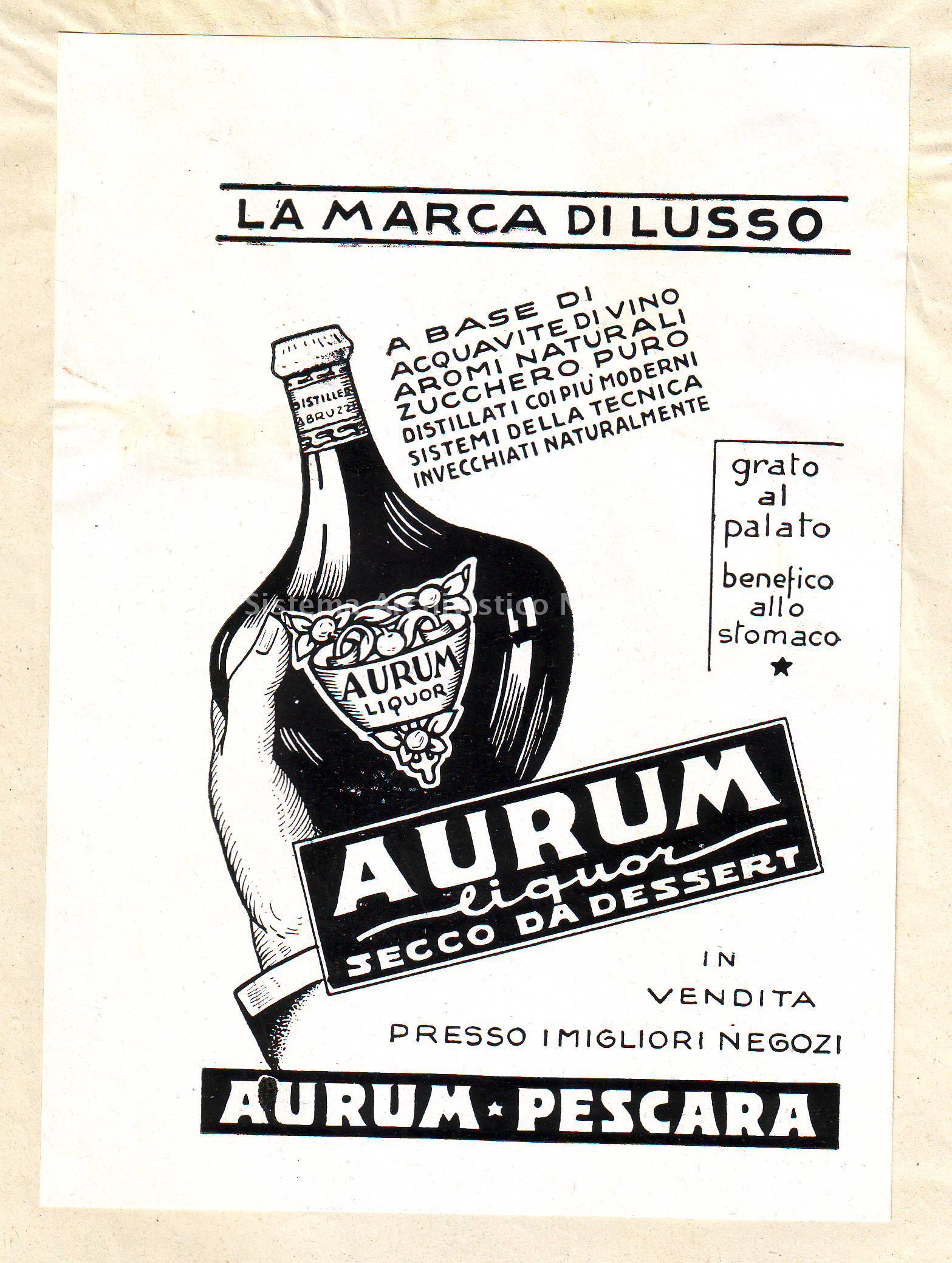   Manifesto pubblicitario del liquore prodotto dalla distilleria Aurum di Pescara, ventesimo secolo (Archivio di Stato di Pescara, Archivio storico Comune di Pescara).
