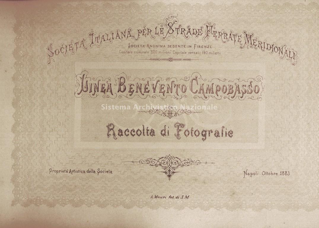   Frontespizio dell\'album fotografico sulla linea ferroviaria Benevento-Campobasso, Napoli, ottobre 1883 (Fondazione Isec, fondo Bastogi).
