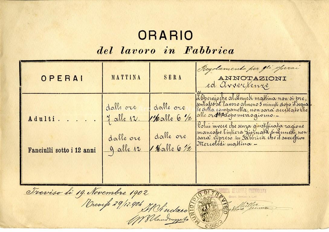   Orario vigente nella fabbrica di spazzole Giovanni Sironi, Treviso, 1902 (Archivio di Stato di Treviso, fondo Archivio storico comunale).
